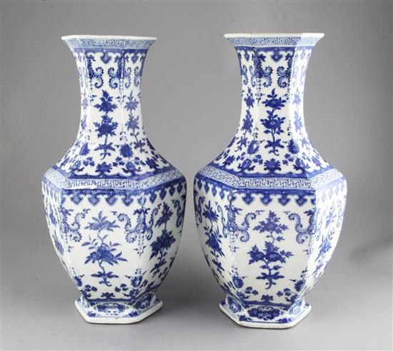 A pair of Chinese blue and white hexagonal baluster vases,